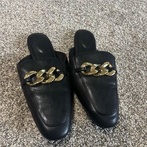Black Leather Mules with Gold Chain Accent